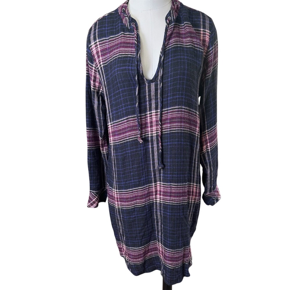 Cloth & Stone Plaid Tunic Dress Women Large‎ Navy Blue Purple V-Neck Tie